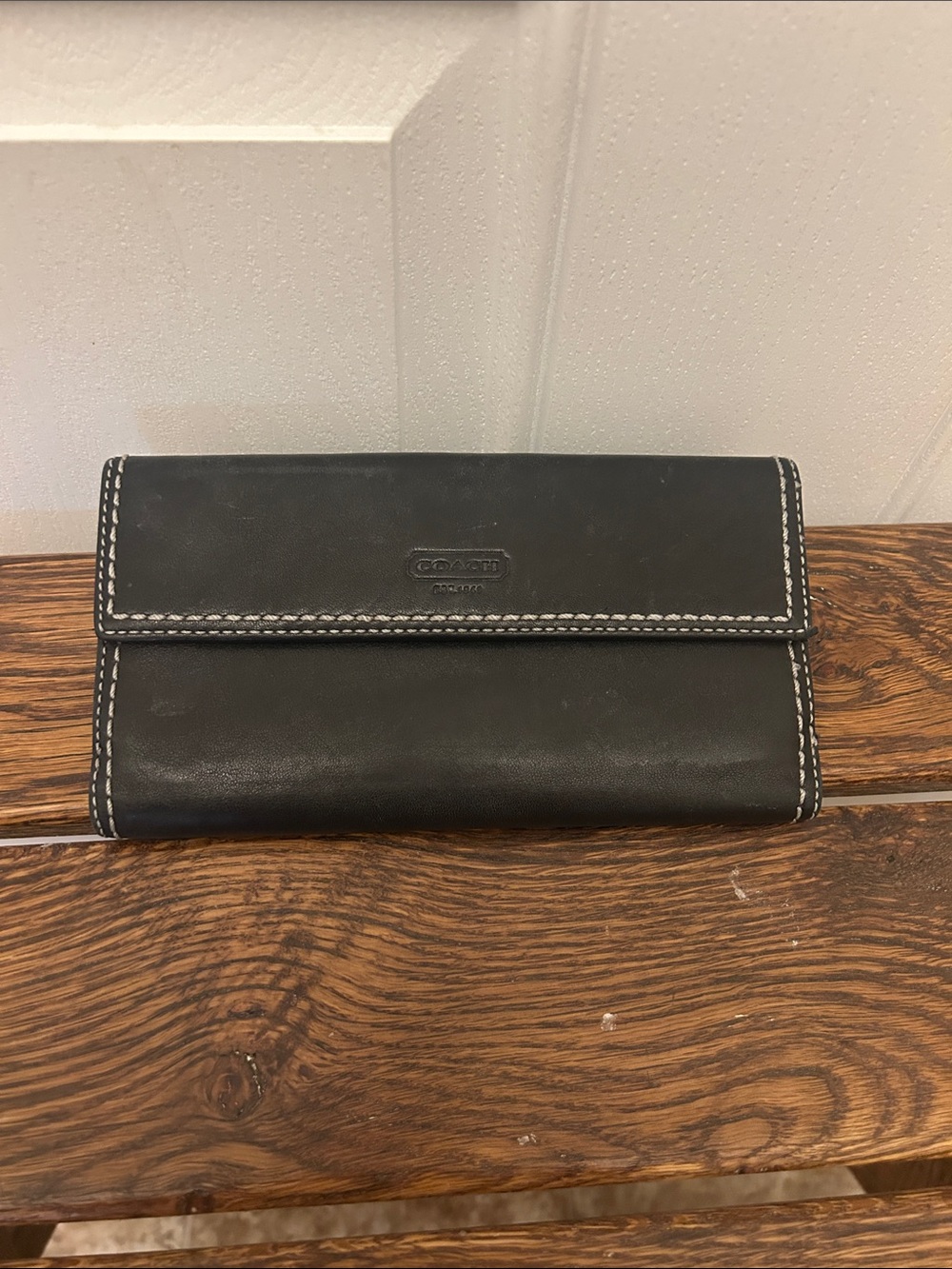 Coach Black Leather Turnlock Wallet with silver accents